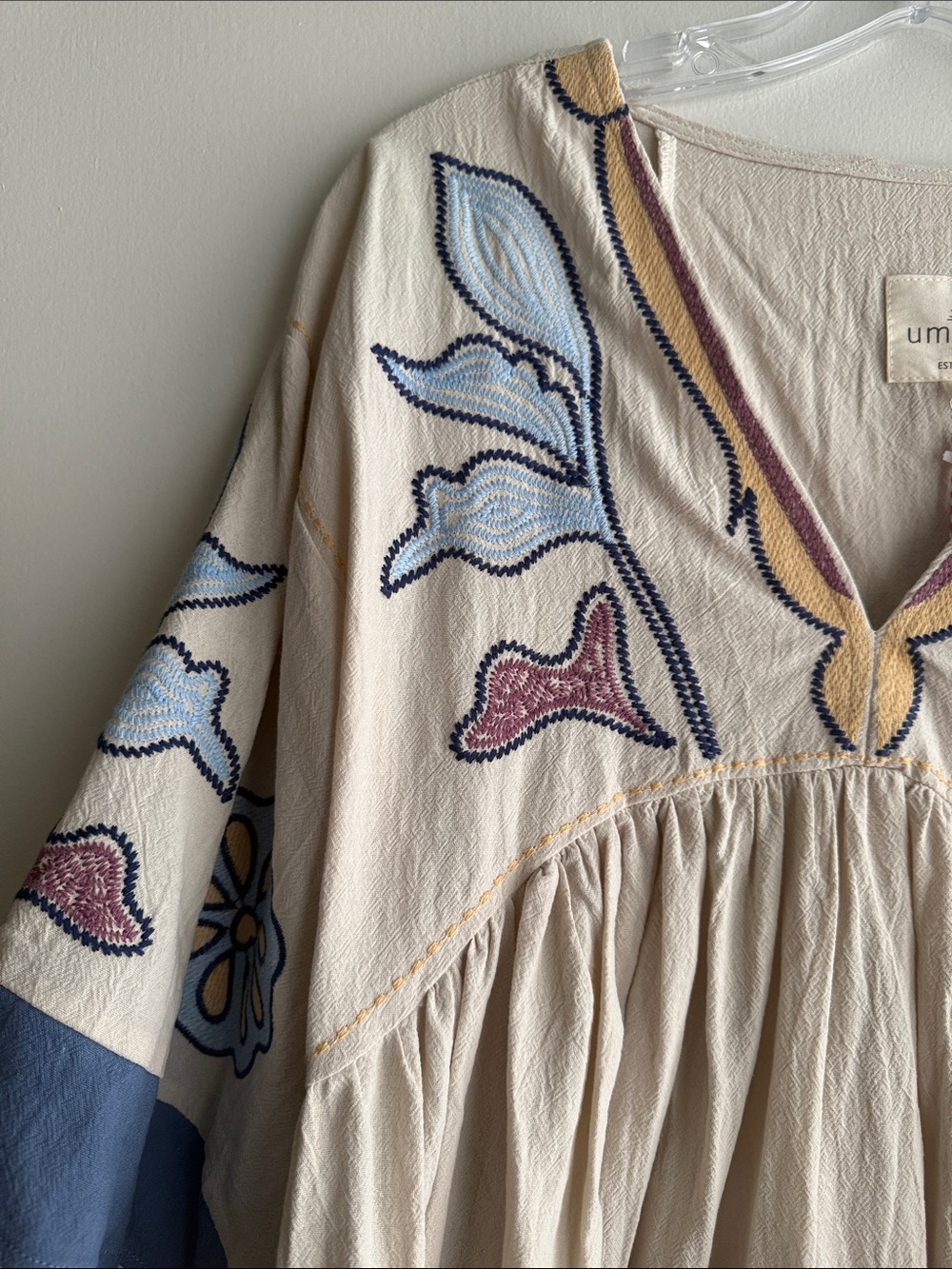 Umgee Cream Tunic Dress with Blue Floral Embroidery - Picture 4 of 14